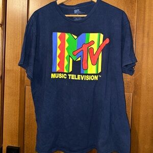 MTV Mens Crew Neck T Shirt XL Navy Blue Color Block  Y2K